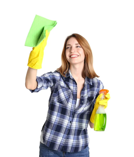 Vrouw met doek en reinigingsmiddel spray — Stockfoto