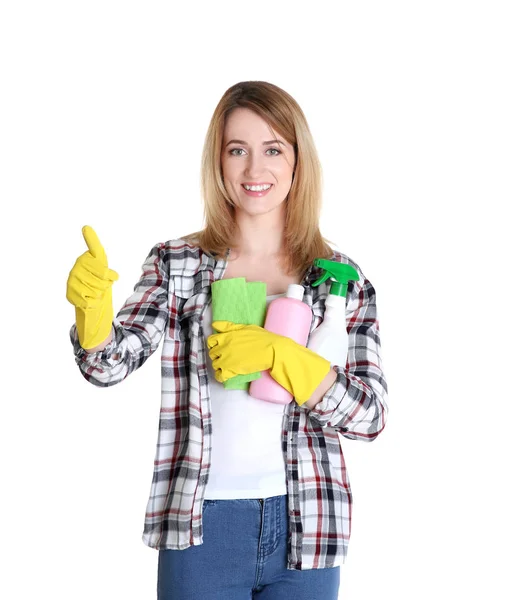 Mladá žena s čistící prostředky — Stock fotografie