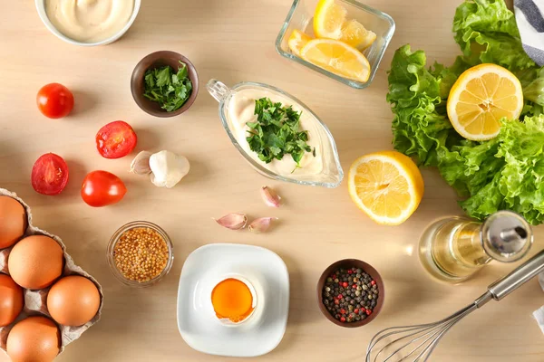 Delicious mayonnaise in gravy boat — Stock Photo, Image