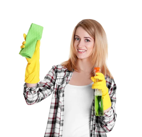 Young woman with rag and spray — Stock Photo, Image