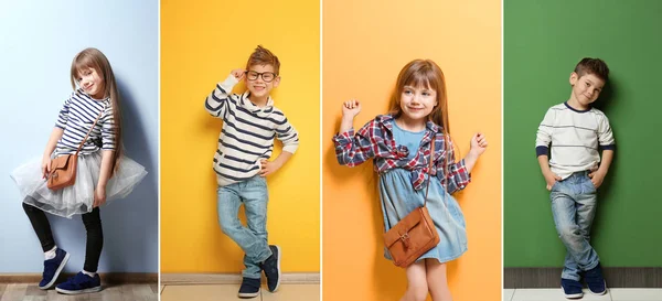 Şık sevimli çocuklar renk arka plan üzerinde poz kolaj — Stok fotoğraf