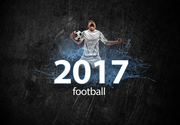 Tekst Piłki Nożnej 2017 Profesjonalny Gracz Ciemnym Tle — Zdjęcie stockowe
