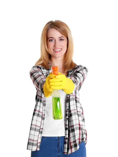 Happy young woman with spray — Stock Photo, Image