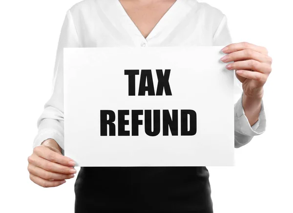 Woman with text TAX REFUND — Stock Photo, Image