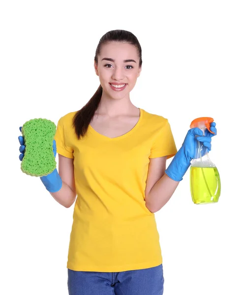 Woman holding sponge and cleanser spray — Stock Photo, Image