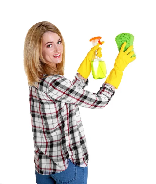 Mujer joven con esponja y spray —  Fotos de Stock