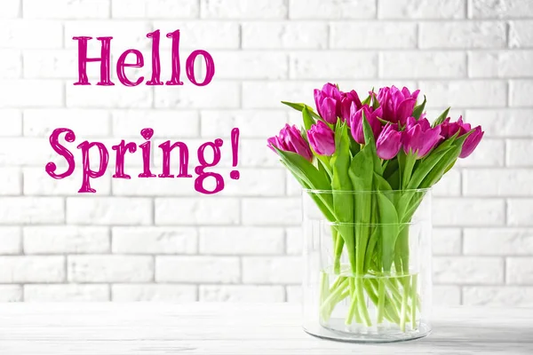 Text HELLO SPRING and beautiful tulips — Stock Photo, Image