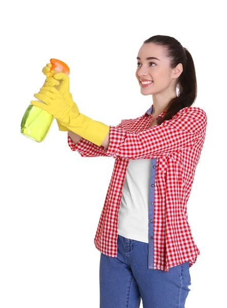 Γυναίκα χρησιμοποιώντας καθαριστικό σπρέι — Φωτογραφία Αρχείου