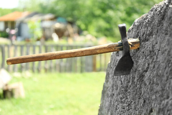 Старый топор застрял в бревне
 