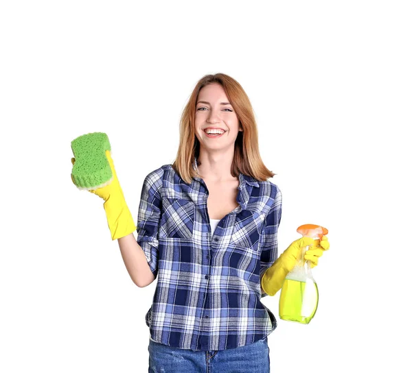 Kvinna med svamp och cleanser spray — Stockfoto