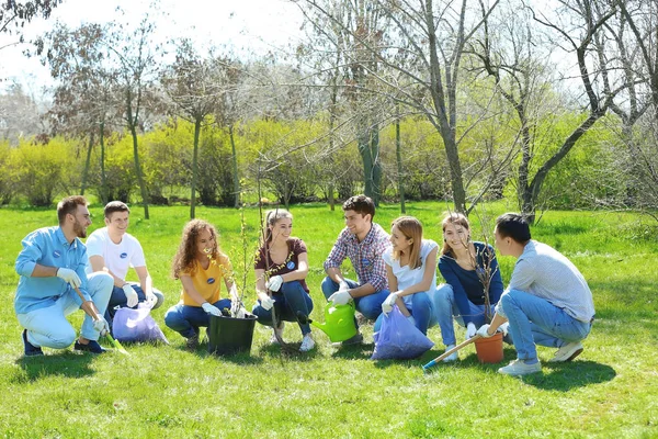 Groep vrijwilligers in park op zonnige dag — Stockfoto