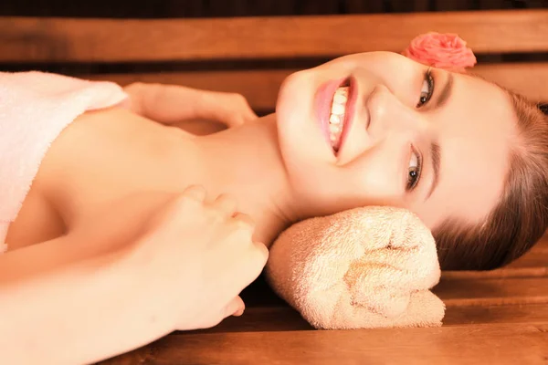 Young woman in sauna — Stock Photo, Image