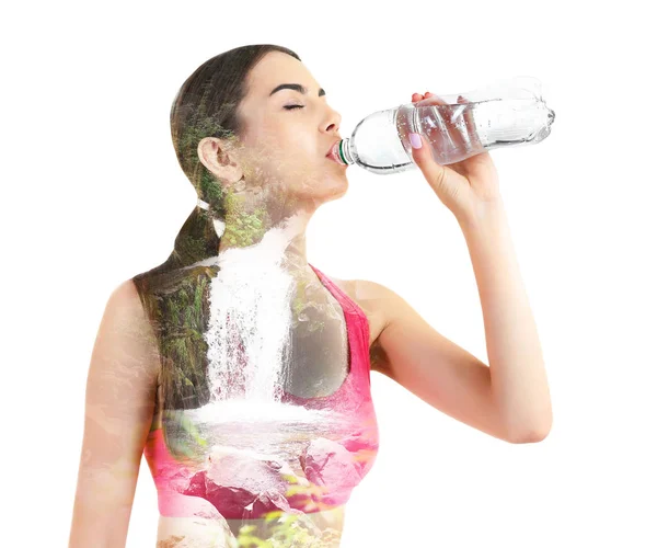 Doble exposición del paisaje y la mujer joven bebiendo agua sobre fondo blanco. Concepto de bebida limpia —  Fotos de Stock