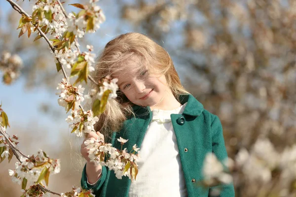 Mała dziewczynka w pobliżu kwitnące drzewo — Zdjęcie stockowe