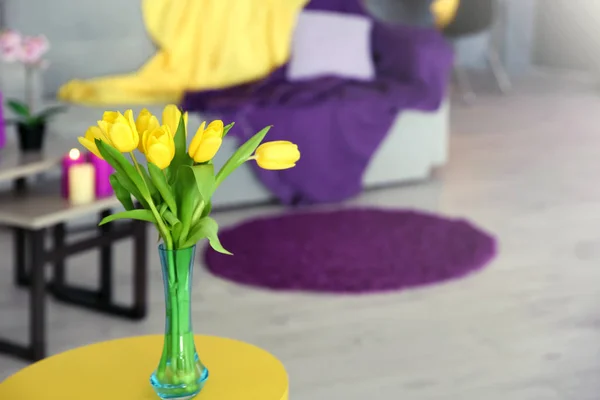 Vase with beautiful yellow tulips — Stock Photo, Image