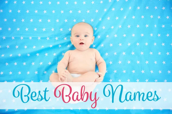 Conceito Escolher Nomes Bebés Criança Deitada Sobre Fundo Têxtil — Fotografia de Stock
