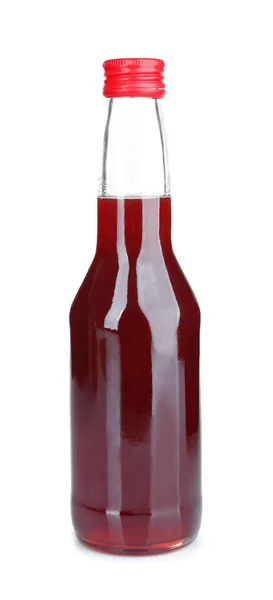 Butelka szklana z sosem truskawkowym na białym tle — Zdjęcie stockowe