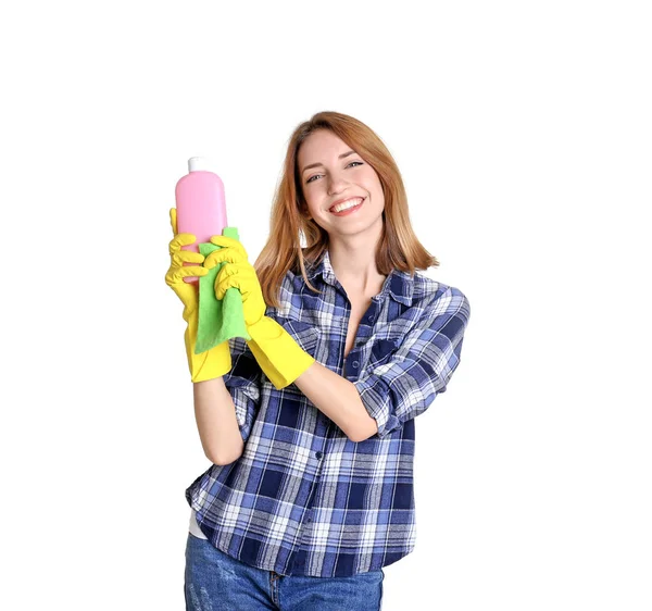 Jovem mulher segurando pano e limpador — Fotografia de Stock
