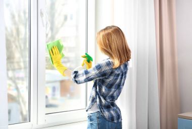 Deterjan ve bez kullanan genç kadın 