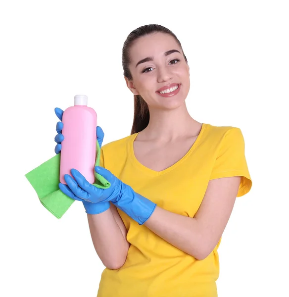 Young woman holding cleaning supplies — Stock Photo, Image