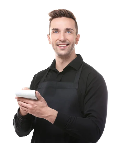 Handsome young waiter with notebook — Stock Photo, Image