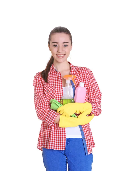 Jovem segurando suprimentos de limpeza — Fotografia de Stock