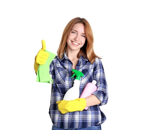 Schöne junge Frau zeigt Daumen nach oben — Stockfoto