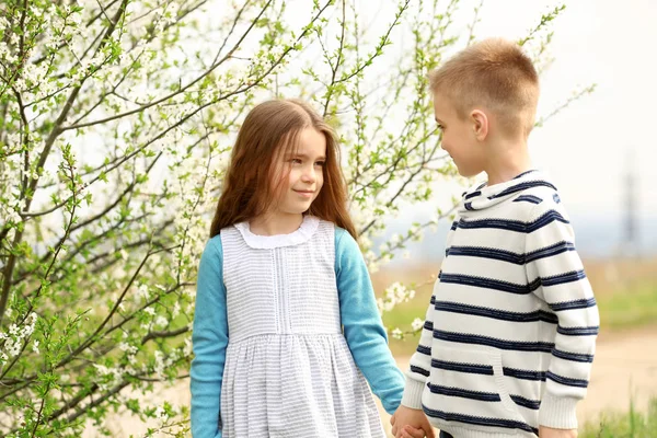 Jolie petite fille et mignon garçon marchant dans le parc de printemps — Photo