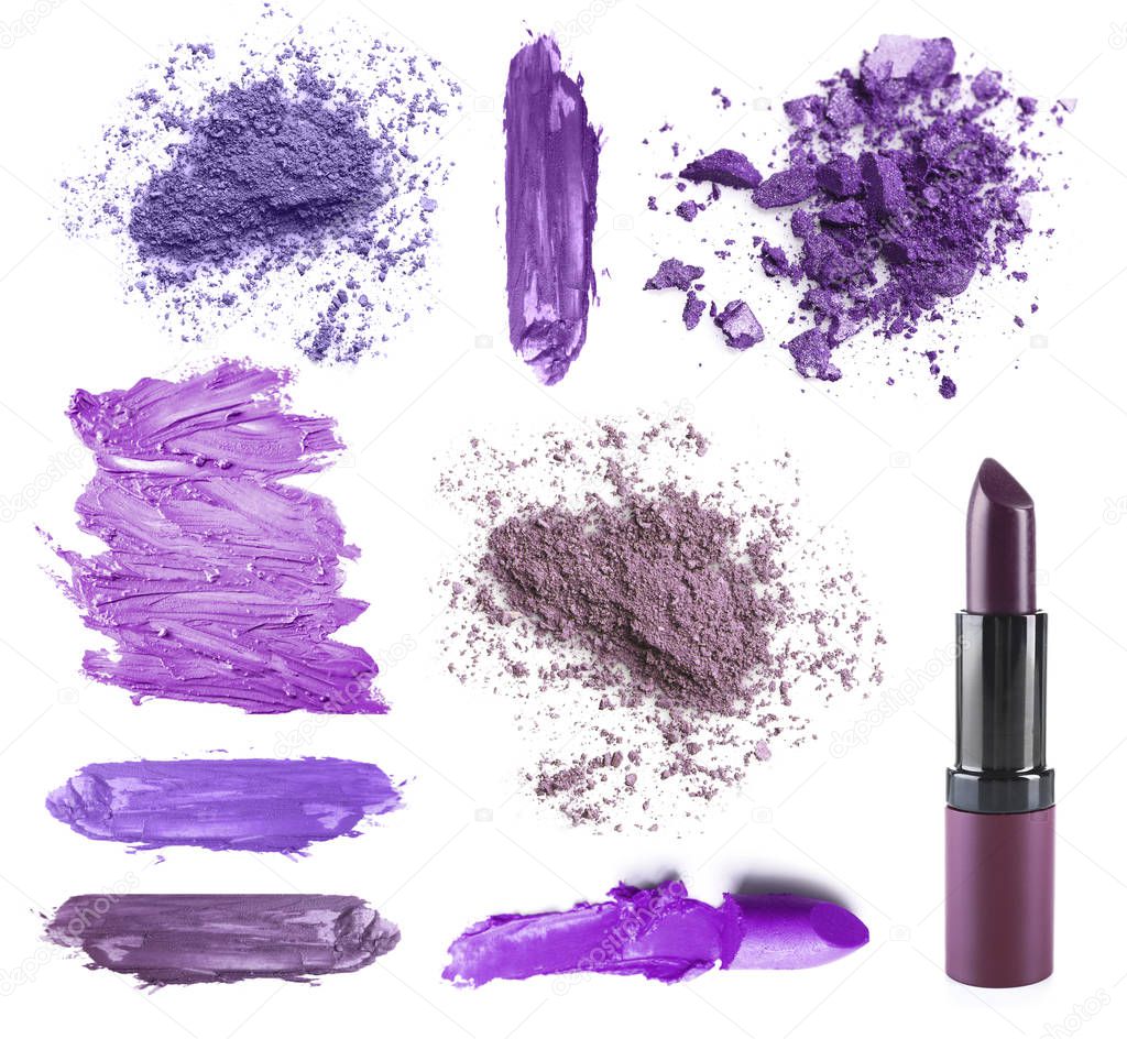 Set of lilac cosmetic on white background