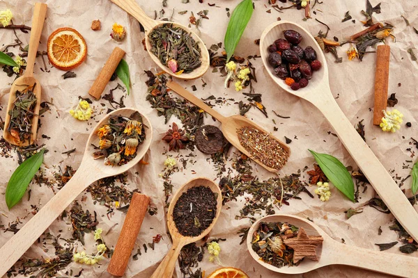 Dried tea in wooden spoons — Stock Photo, Image