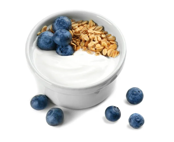 Kom met lekkere yoghurt, schilfers en bessen — Stockfoto