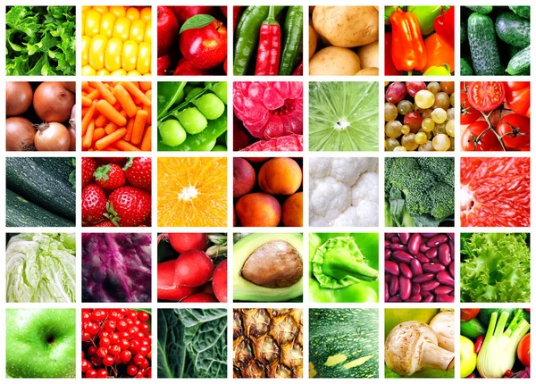 Collage van fruit, bessen en vruchten — Stockfoto