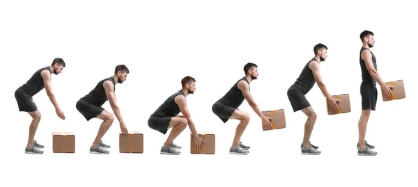 Conceito de reabilitação. Colagem de homem com boa postura levantando caixa de papelão pesado no fundo branco — Fotografia de Stock