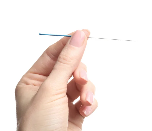 Hand with needle for acupuncture — Stock Photo, Image