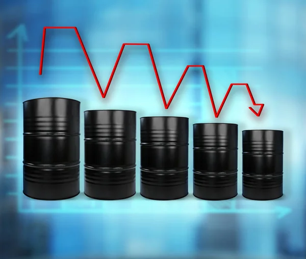 Concepto de precios del petróleo. Barriles de oro negro sobre fondo borroso —  Fotos de Stock