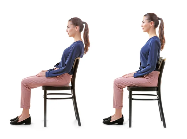 Концепція реабілітації. Колаж жінки з бідною і хорошою поставою сидить на стільці на білому тлі — стокове фото