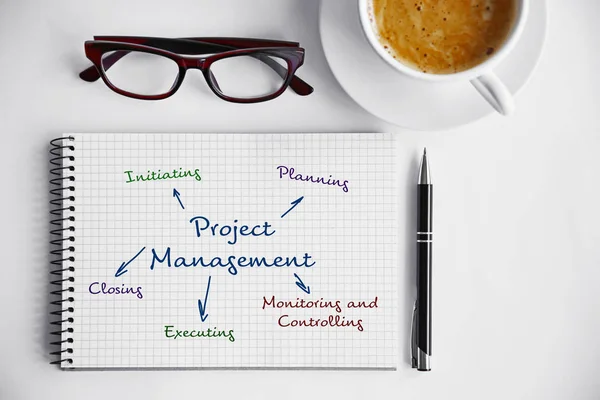 Notitieboekje met regeling van projectmanagement — Stockfoto