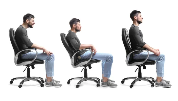 Rehabilitation concept. Collage of man with poor and good posture sitting in armchair on white background — Stock Photo, Image