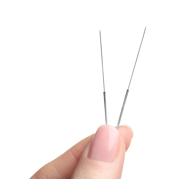 Mano con agujas para acupuntura —  Fotos de Stock