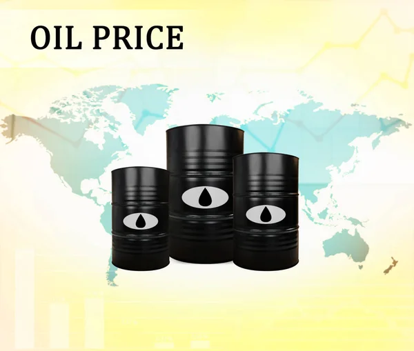 Concepto de precios del petróleo. Barriles de oro negro y mapa del mundo sobre fondo — Foto de Stock