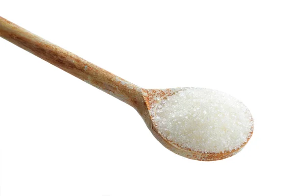 Suiker in lepel op wit — Stockfoto