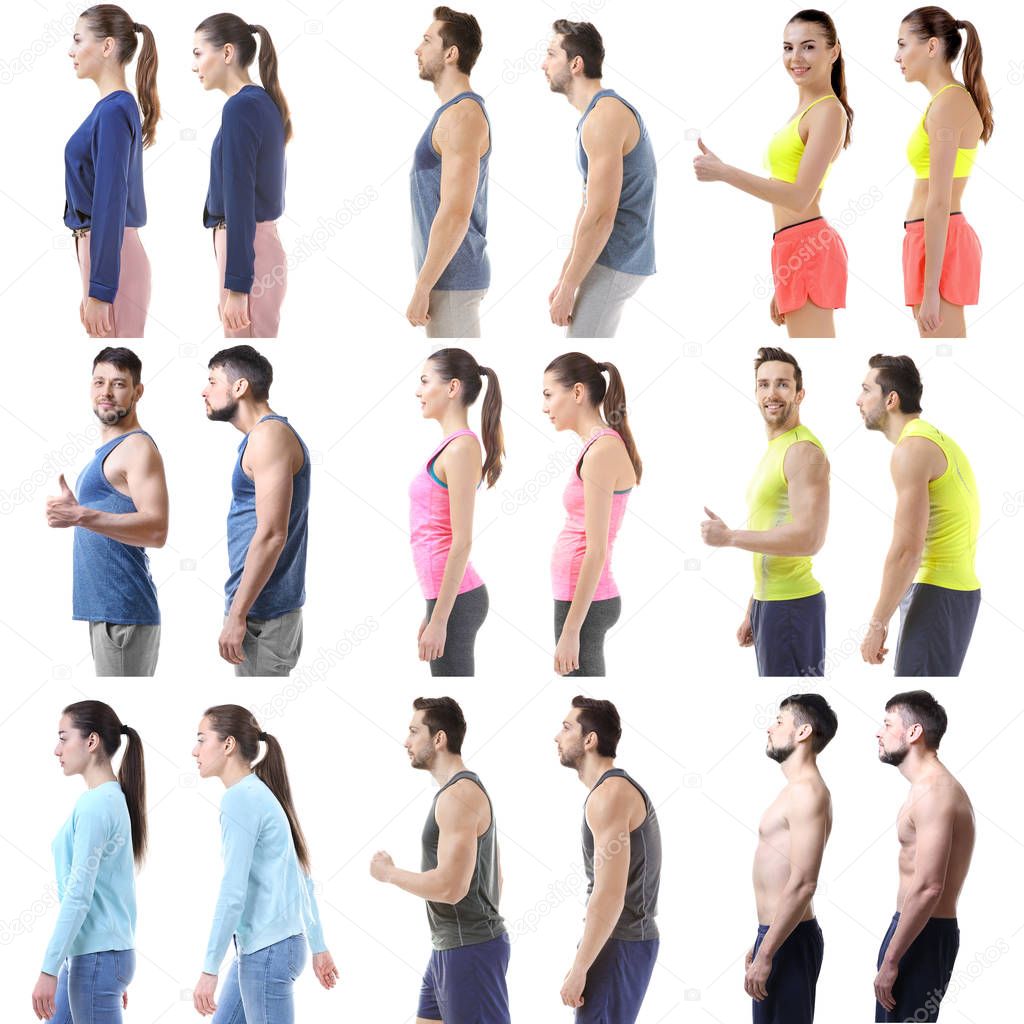 Rehabilitation concept. Collage of people with poor and good posture on white background