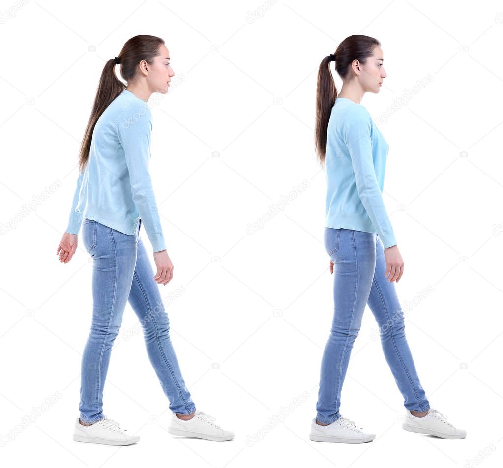 Rehabilitation concept. Collage of woman with poor and good posture on white background