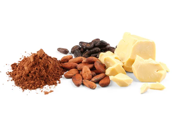 Cocoa butter, powder and beans — Stok Foto