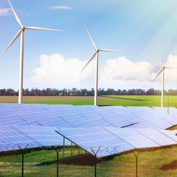 Solar panels and wind generators in field. — Stock Photo, Image