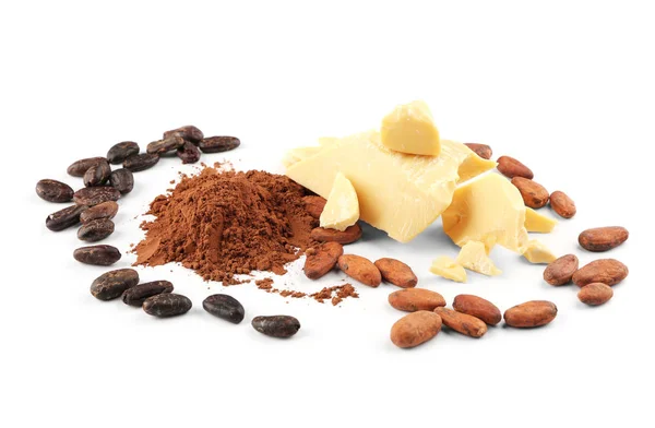 Cocoa butter, powder and beans — Stock Photo, Image