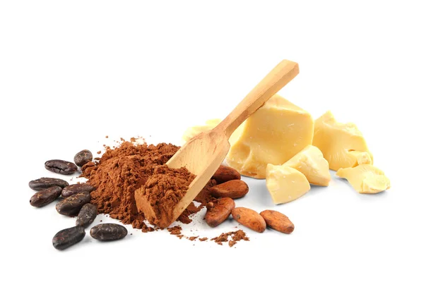 Cocoa butter, powder and beans — Stok Foto
