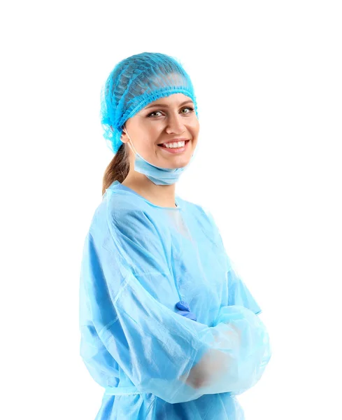 Female surgeon on white — Stock Photo, Image