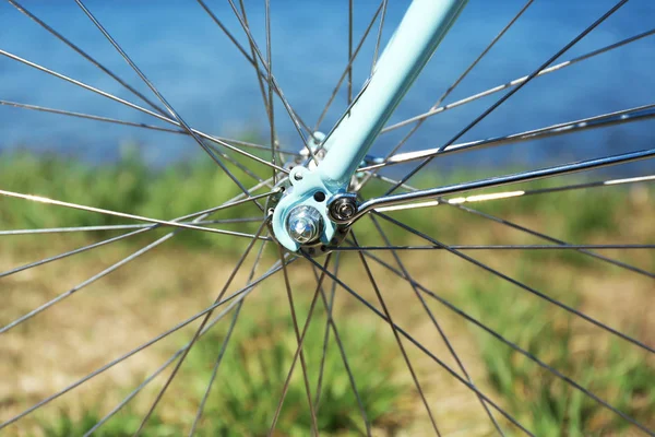 Closeup view of wheel spokes and fork — Stock Photo, Image