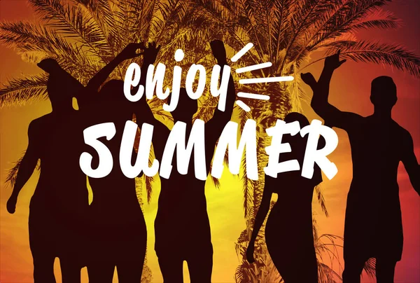 Text ENJOY SUMMER and people silhouettes — Stock Photo, Image